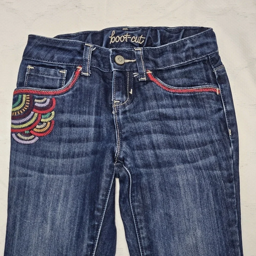 Old Navy Bootcut Jeans Girls 7‎ Blue Rainbow Embroidered Dark Wash Stretch Boho